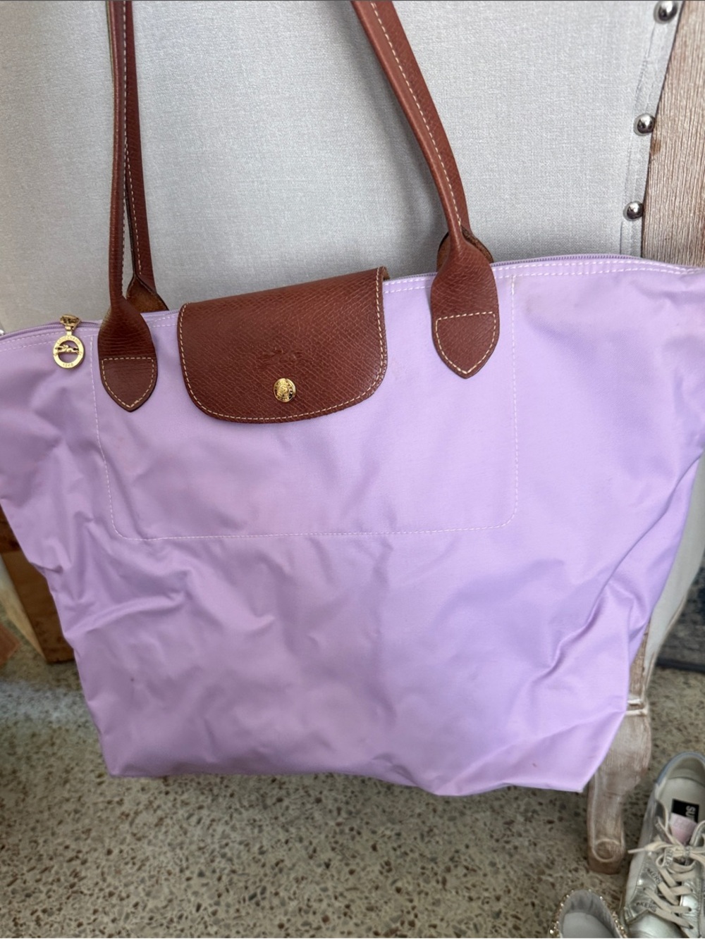 Longchamp Lavender Nylon Tote with Brown Leather Trim